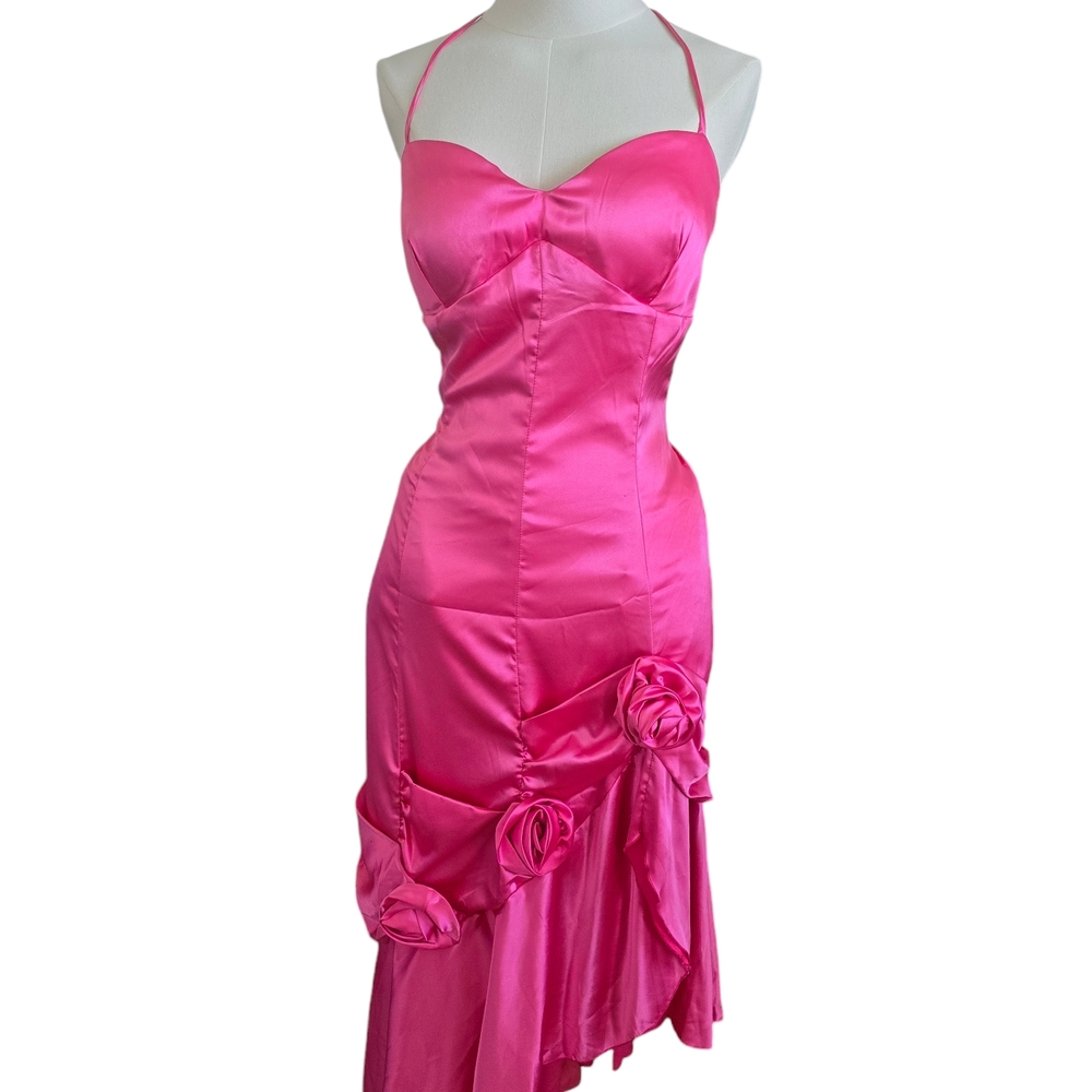 Chic Asymmetrical Pink Dress with Rose Accents